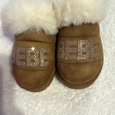 BEBE Brown Faux Fur Slip-On Women's Slippers Rhinestone Fur Trim