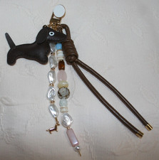 DACHSHUND DOG Brown Genuine Leather Handbag Charm Key Chain Natural stones Magne