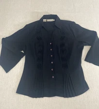 Cathy Jean Top Womens 14 Black Pleated Button Up Collared 3/4 Sleeve Classic