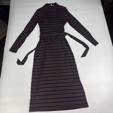 LOFT Dress Women Small Striped Midi Mock Neck Long Sleeve Tie Waist