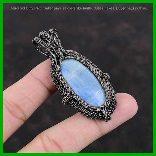 Copper Throat Chakra Oval Kyanite Gemstone Anniversary Wire Wrapped Wife Pendant - product listing photo