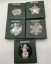Lot of 5 Plow & Hearth Pewter Snowflake, Star, Cat, Snowman, Tree Ornaments 2014