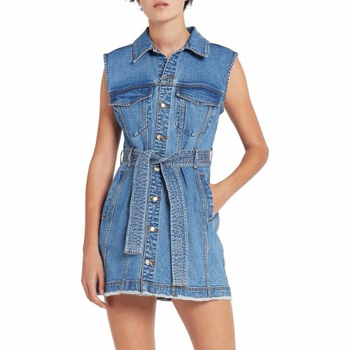 AJE Dress Size 8 / Small S / US 4 Alek Blue Denim Mini Belted Gold Buttons Belt