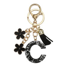 Alphabet Initial Letter Keychain Cute Charm with Tassel Flower Letter C, Black