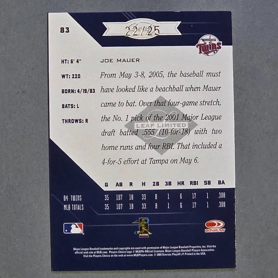 Joe Mauer 2005 Leaf Limited #83 - Gold Spotlight SSP #d/25 Twins segundo año patio Foto 2 de 2