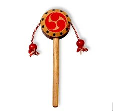 Japanese Wooden Den Den Daiko Drum Toy Tomoe Kamon Pattern Hand Instrument D19
