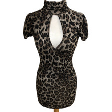Vintage Y2K Animal Print Dress High Neck Keyhole Puffed Sleeves Sz M