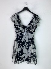 Topshop Black Floral Print Mini Dress Ruffle Sleeve Zip Back Chiffon UK 12 NEW