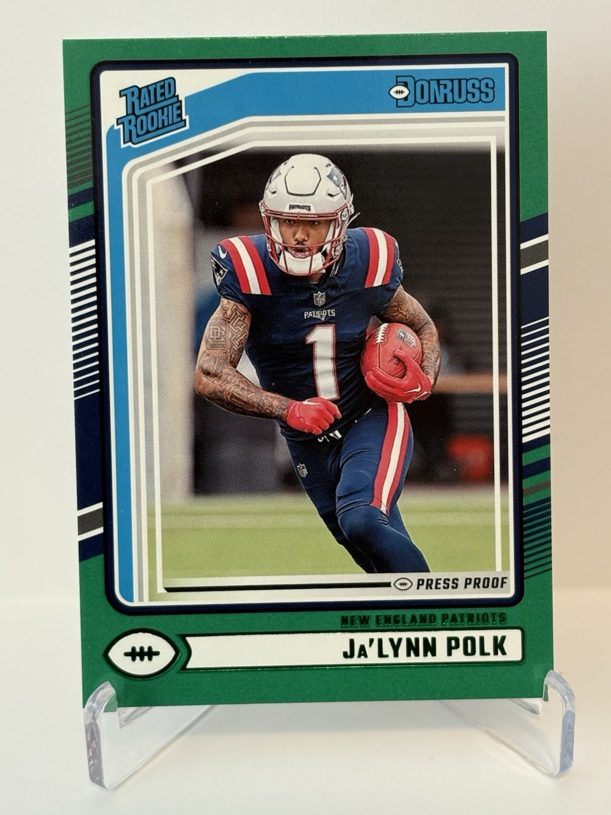 Ja'lynn Polk Green Press Proof Rated Rookie RC 2024 Donruss Card #373 Patriots