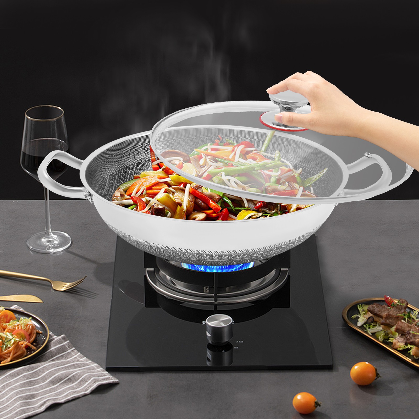 Skillet With Lid Non Stick Paella Pan Stainless Steel Frying/Cooking Pan 14 Inch