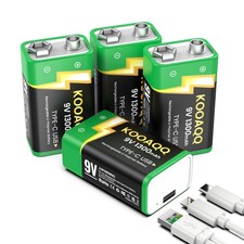 4-Pack Rechargeable 9v Batteries, USB-C Recharge 1300mAh 9 Volt Lithium-ion L...