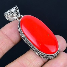 Italian Red Coral Handmade 925 Sterling Silver Jewelry Pendant 2.31"