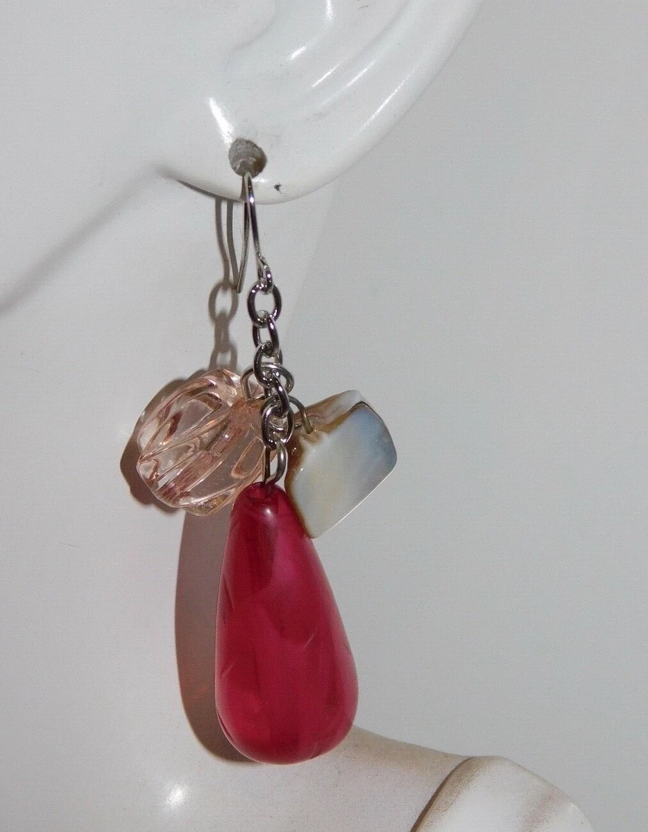 Boucles D'oreilles Pendantes Tout En Rose - Perles Et Acrylique - Dormeuses - Neuves Sans Boîte