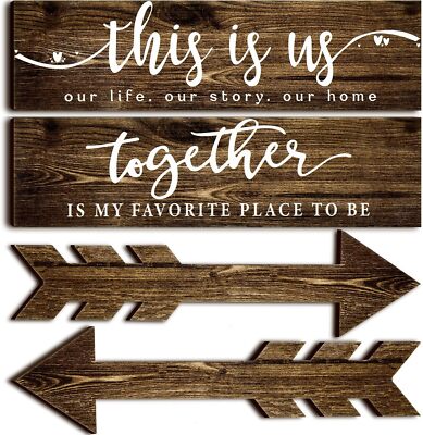 Jetec 4 Pcs This Is Us Our Life Wooden Arrow Wall Decor Family Signs Brown 