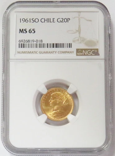 1961 GOLD CHILE 20 PESOS COIN NGC MINT STATE 65