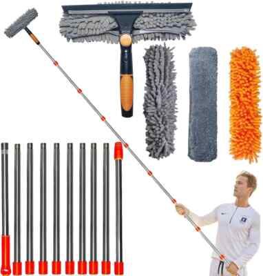 20 ft+ Reach Squeegee Window Cleaner Duster 2 in 1 Rotatable Cleaning Tool Kit