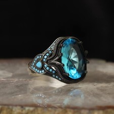 925 Sterling Silver Aquamarine Stone with Turquoise Stones Men Silver Ring