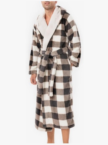 Men's Soft Plush Fleece Robe Full Length Hooded Long Bathrobe for Men with Ho...