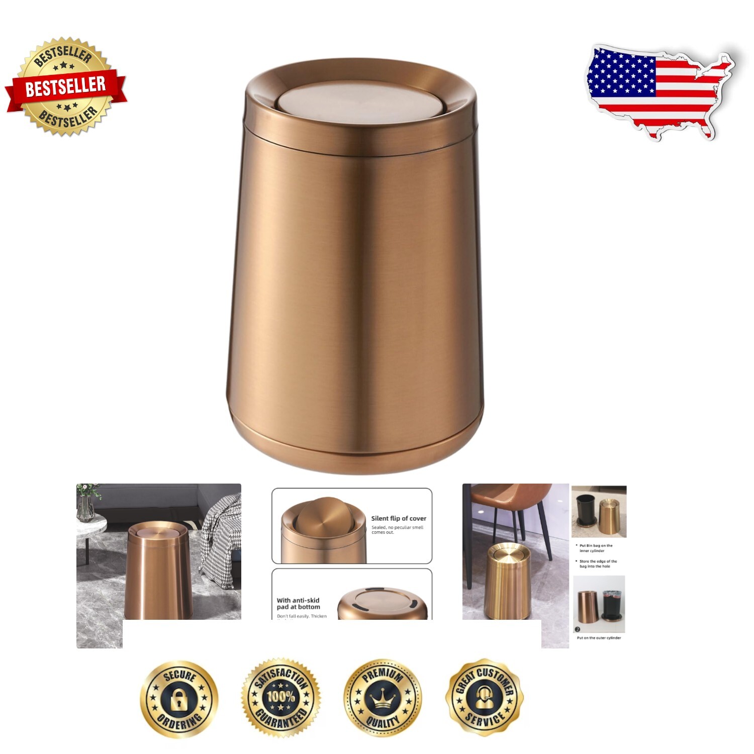 Fingerprint-Resistant Swing Lid Garbage Can - 2.1 Gallon Rose Gold Finish