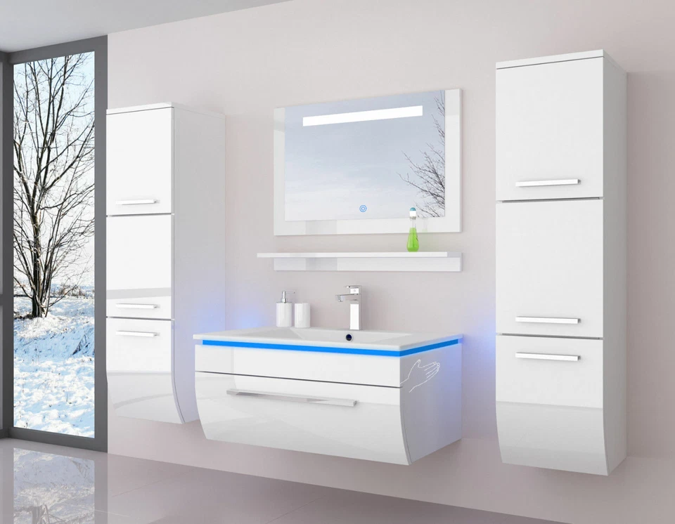 90 Badmöbel Set Weiss Komplett Hochglanz Badezimmermöbel 6 Teilige LED Bad  Weiß - Bild 2 von 4