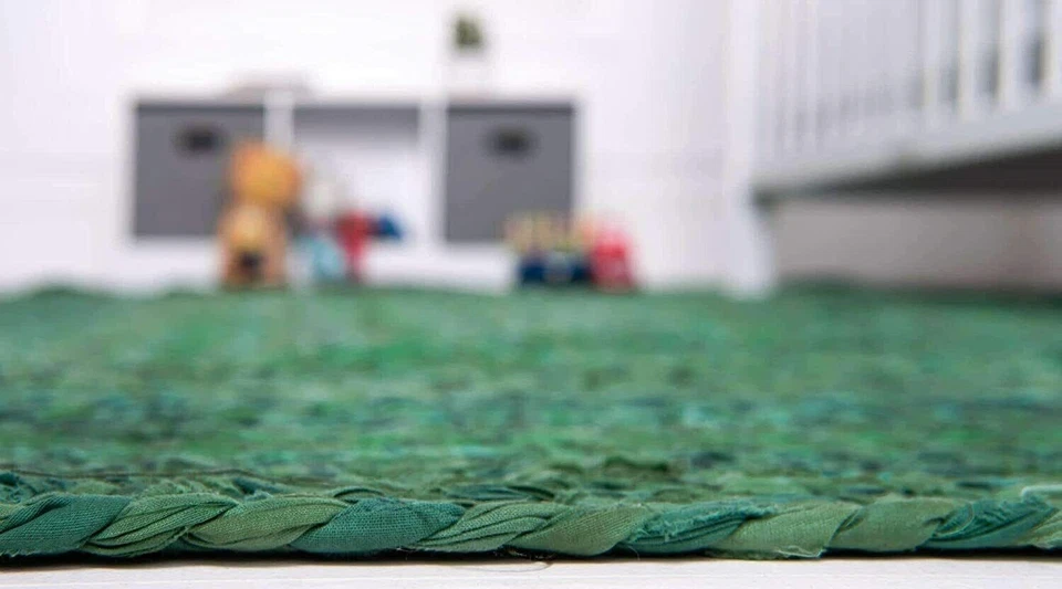 Alfombras Mezcla Algodón Color Verde Estilo Trenzado Alfombra Hecha a Mano Alfombra Reversible Foto 3 de 4