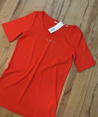 Neu Esprit Stretch Bio Baumwolle Kurzarm Shirt Mit Strass Gr. XL Rot