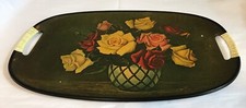Vintage Decorative Oval Serving Tray W/Plastic Wrapped Handles~Roses In Vase~#2
