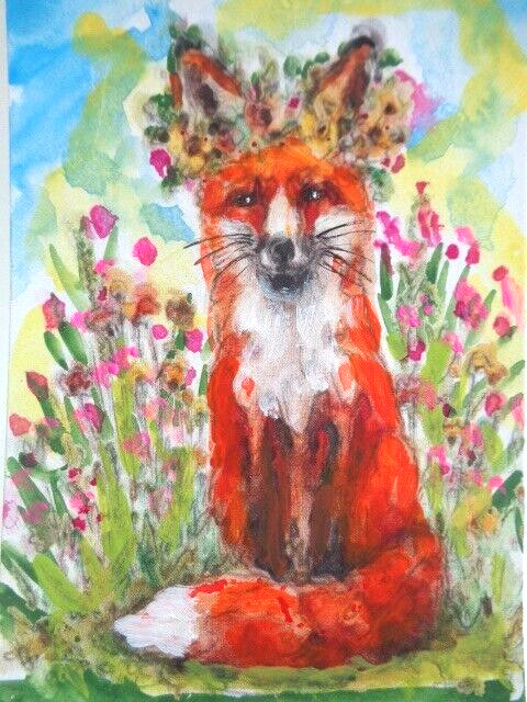 ACEO  Colorful WILDFLOWERS RED FOX  Painting  ART
