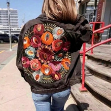 New Boho Embroidered Patch Denim Jean Jacket Large Oversized Coat Black