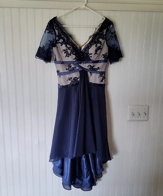 Izilady Formal Dress SZ 8 Navy Blue Floral Overlay Fitted Asymmetrical Hem  | eBay