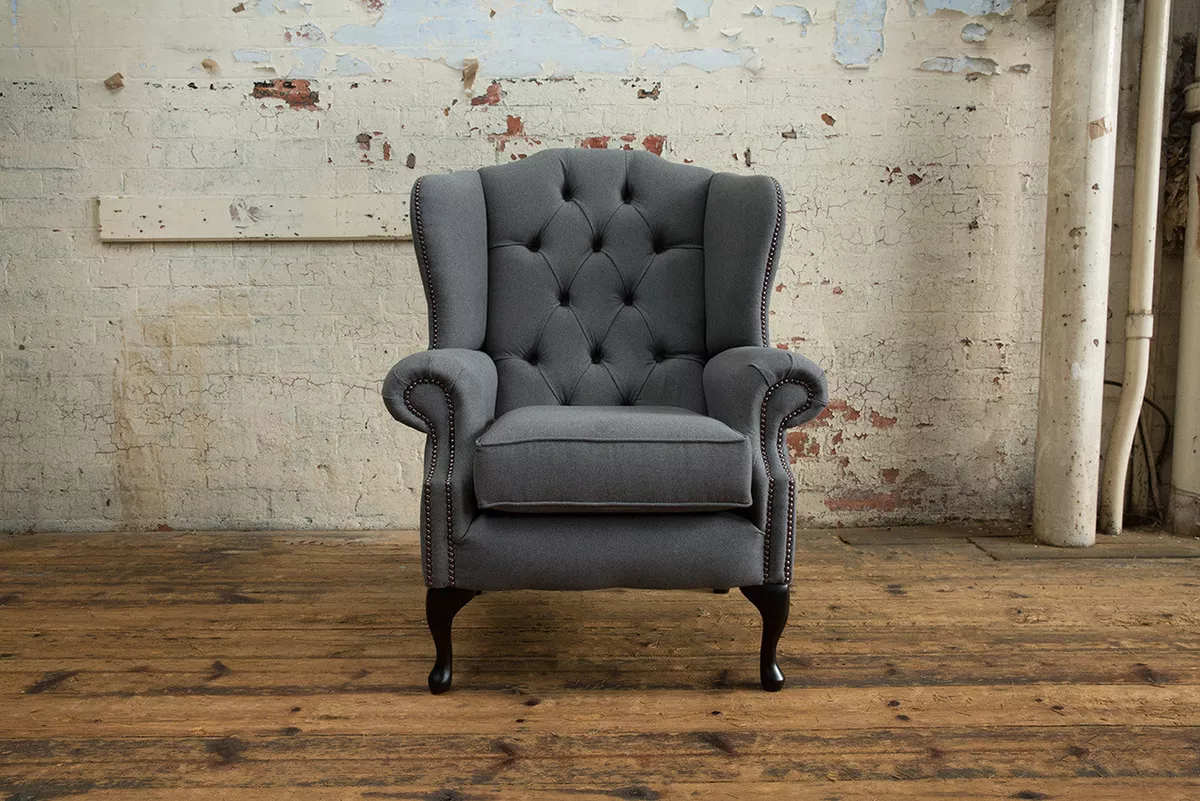 HANDMADE GREY WOOL FABRIC CHESTERFIELD WING ARMCHAIR HIGH BACK FIRESIDE CHAIR