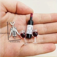NEW - 1/12 SCALE DOLL HOUSE MINIATURE WINE BOTTLE, 2 GLASSES & BOTTLE OPENER(UK)