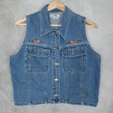 Vintage Denim Vest Womens Large Embroidered Floral Western At Last  Co Y2K