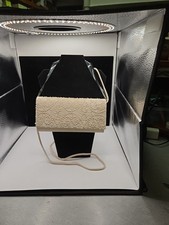 Unbranded Vintage Champagne Color Embroidered Bead Clutch Clear Hand Cord Straps