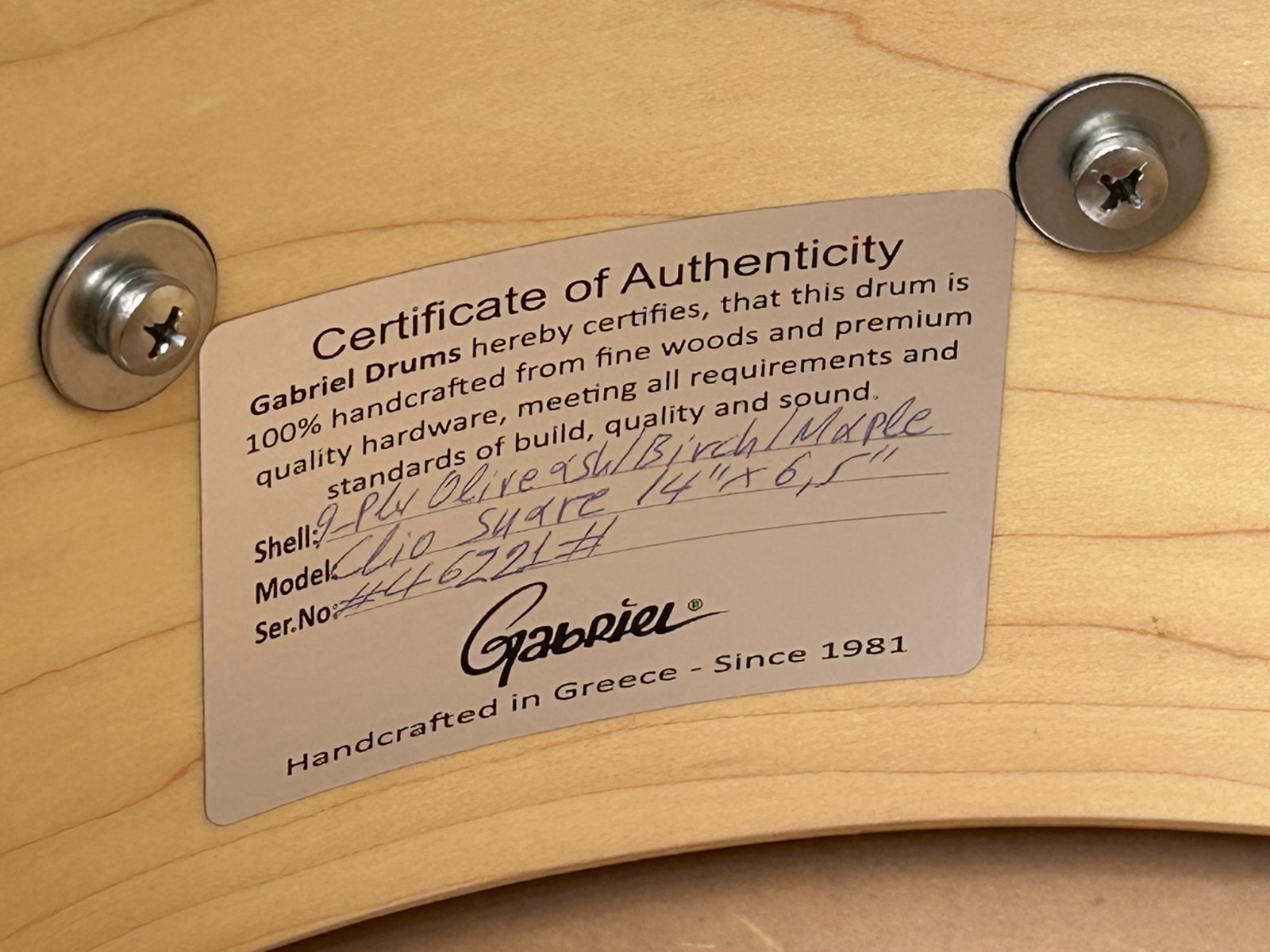 GABRIEL 14''x 6.5'' Handcrafted Snare Drum-9 Ply Hybrid-10 Brass Lugs-Olive Tree photo 11
