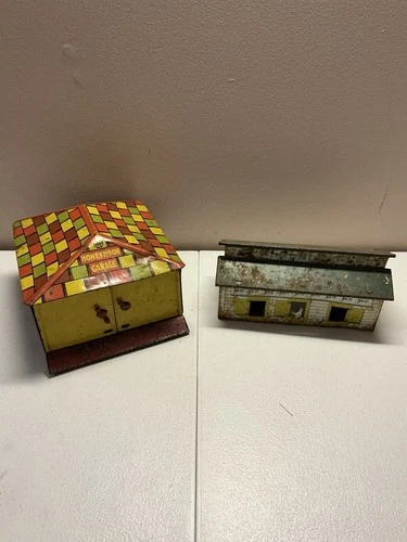 Lot 2 Tin Metal Toy Buildings MARX Honeymoon Garage Hen House Vintage Well Used