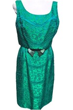 Vtg 50s 60s Brocade Fit Flare Blue Green S Cocktail Mod Party Business Dress HTF