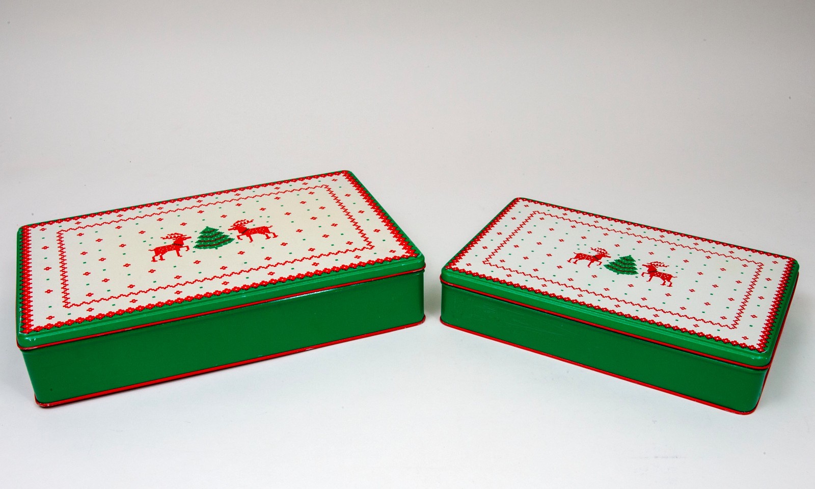 Vintage Set of 2 Nested Holiday Tins Green Red & White Reindeer & Christmas Tree