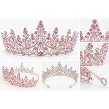 Pink Rhinestone Princess Tiara Crown Silver Tone Wedding Birthday Pageant