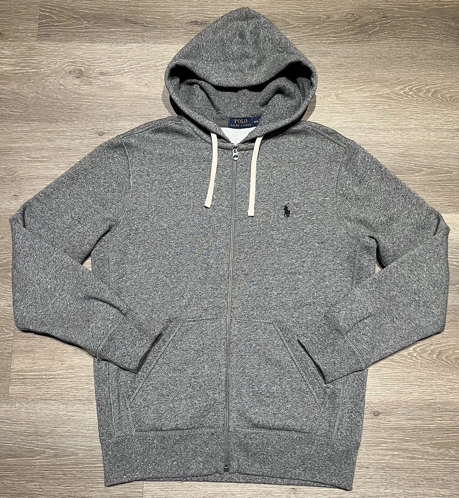 Polo Ralph Lauren Hoodie Sweatshirt M Gray Full Zip Waffle Thermal Double Knit