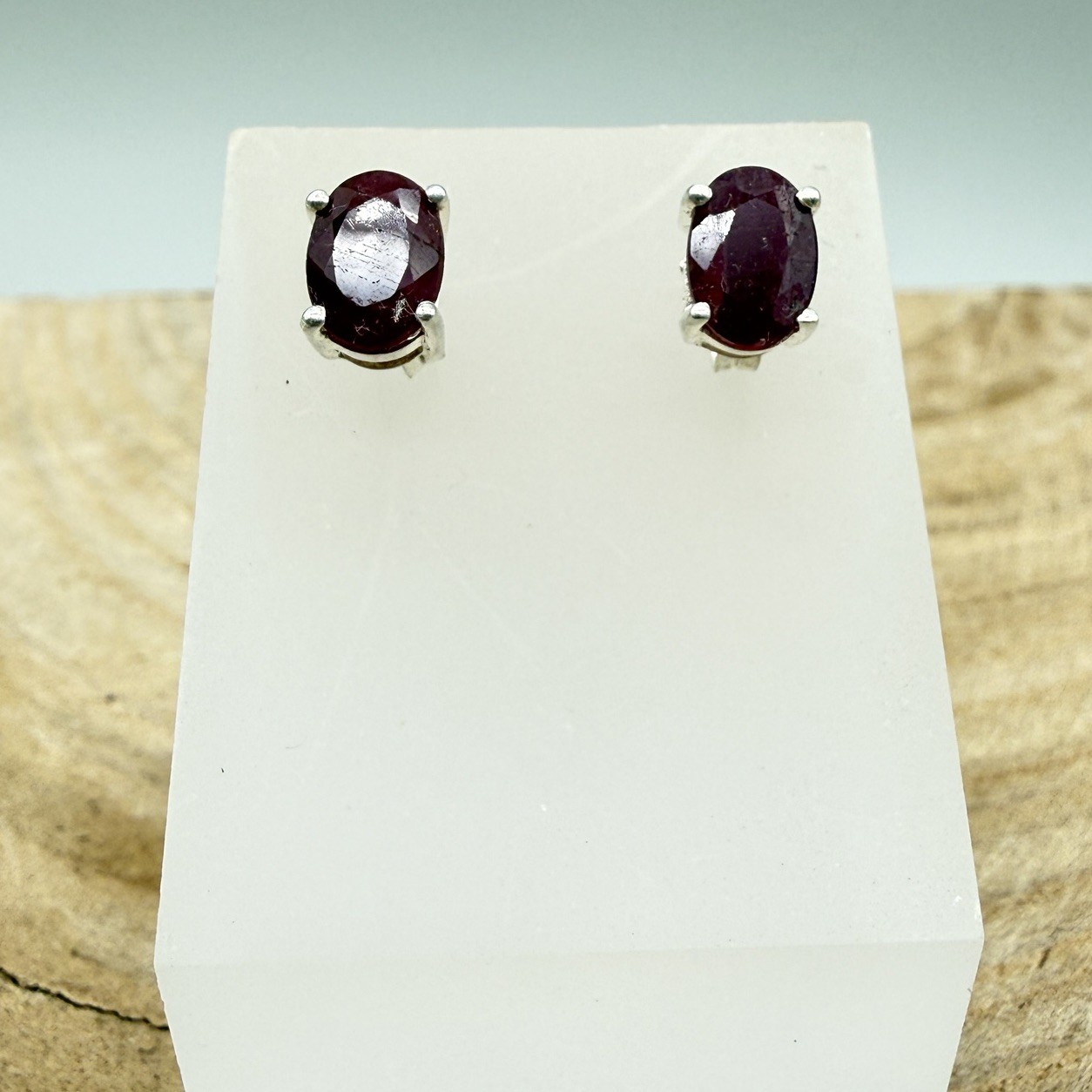 Sterling Silver Ruby Stud Earrings Oval Red Gemst… - image 1