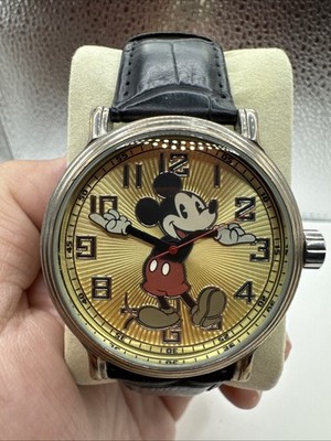 Disney Mens Watch 43mm Gold Tone Mickey Mouse Black Leather  display picture 3