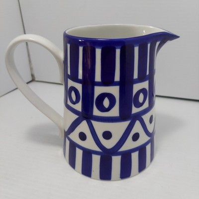 Vintage Dansk Arabesque Cord Large Pitcher 6.5'' tall Blue White Geometric Motif 