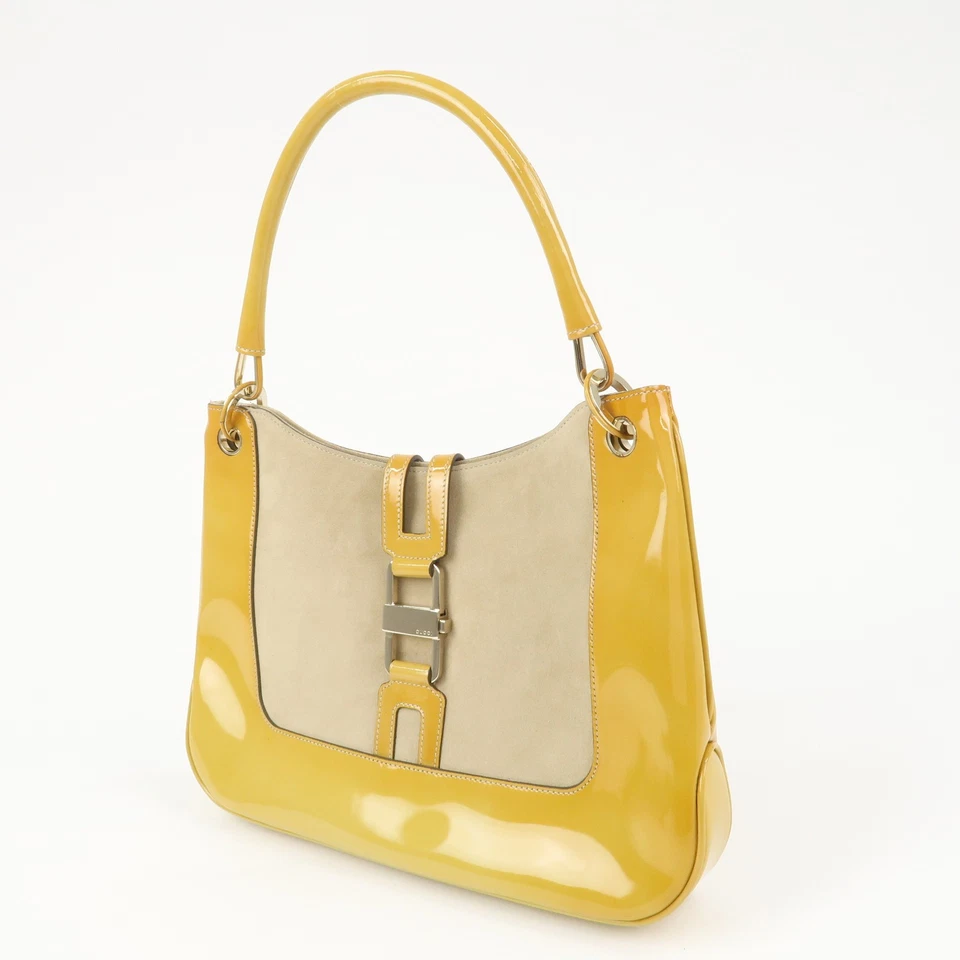 GUCCI лакированная кожа замши наплечная сумка желтый бежевый 001.4149 подлинный б/у F/S - Изображение 3 из 4