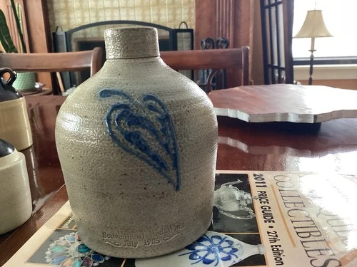 Mini Jug w hand painted blue leaf. WI Pottery Co. 1985 Souvenir of Red Wing