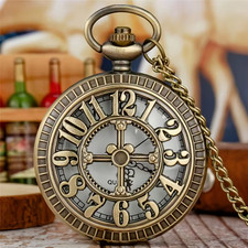 Vintage Hollow Steampunk Bronze Arabic Numeral Dial Quartz Movement Pocket Watch