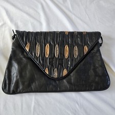 Vintage 60s Black Leather Flap Clutch Purse Large Envelope Mixed Metallic Detail