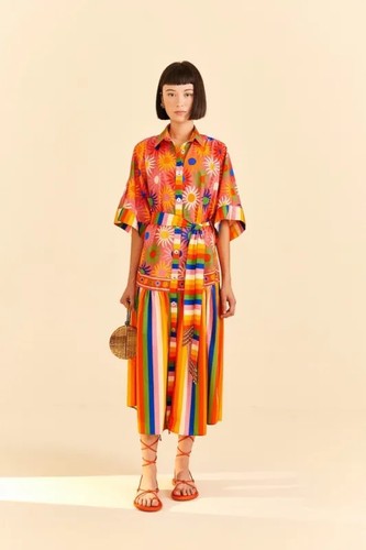 Farm Rio Coral Mixed Graphic Macaws Midi Dress S NWOT Tropical Boho Dopamine