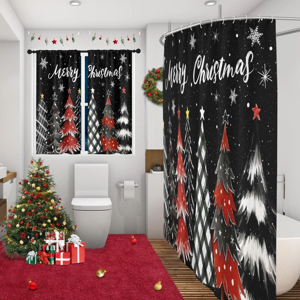 Christmas Trees Snowflakes Shower Curtain with Matching Window Curtains Set, ... - Image 4 of 4