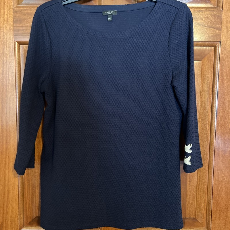 Talbots Solid Blue 3/4 Sleeve Shirt Women Size MP Stretch Casual